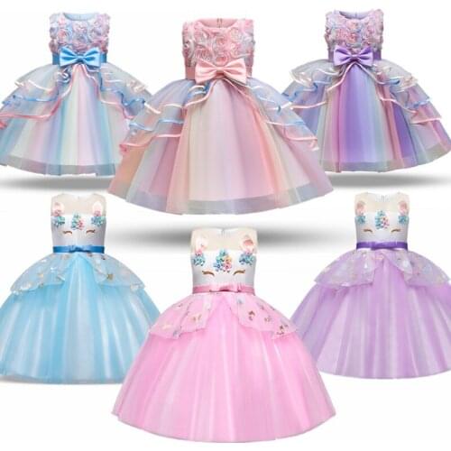 Rainbow Unicorn Flower Girl Dress Birthday Wedding Summer Kids Party Gown Casual flower girl dresses for weddings 4-10 Years