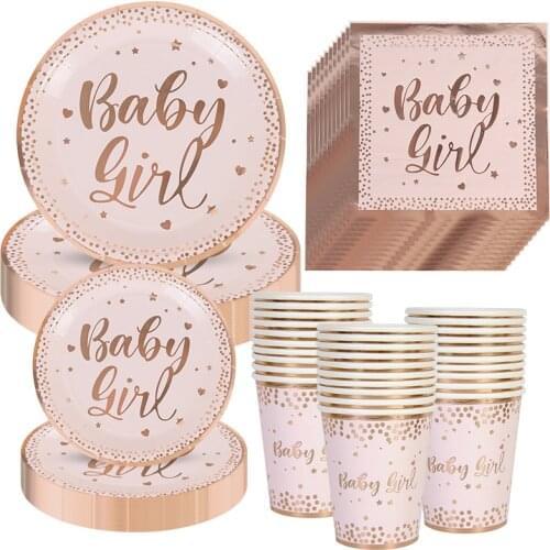 Rose Party Baby Girl Disposable Tableware Plate Paper Cup Napkins Spoon Birthday Party Decoration Girl Baby Shower Supplies