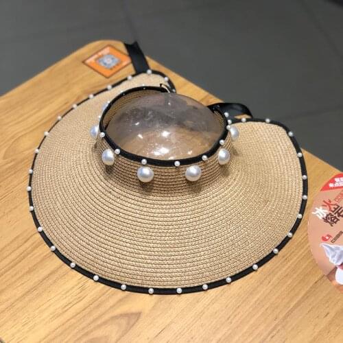 Large-brimmed straw hat, empty top hat, women’s summer straw woven pearls outing, sun-shading, seaside foldable beach hat