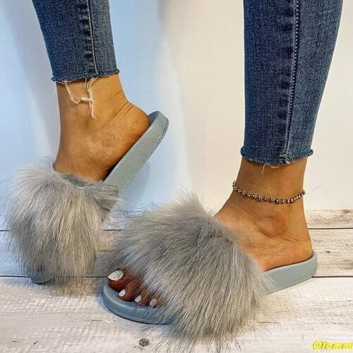 Hot Women Summer Real Fox Fur Slides Women Non-slip Fluffy Fur Slippers Women Furry Slippers Ladies Cute Plush Fox Hair Slippers