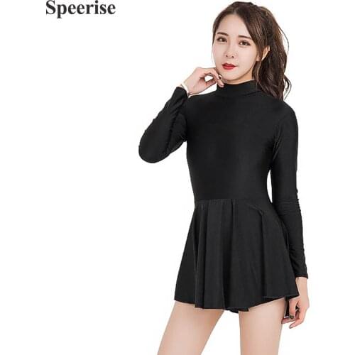 Adult Dance Practice Clothes With Skirt Ballet Dance Dresses Wear Long Sleeve Tight One-piece Bodysuit Female Leotards Black