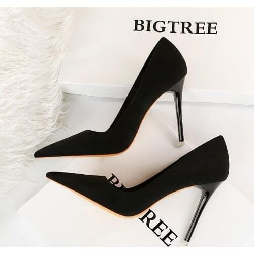 BIGTREE Faux Suede Shoes Fashion Concise Pumps High Thin Heels Pointed Toe Shoes Female Sexy Bridal Wedding Party Dress Pumps