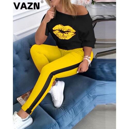 VAZN New fashion 2020 summer sexy lady 3 colors long 2-piece set short sleeve O-neck lip print tees long pants set students sets
