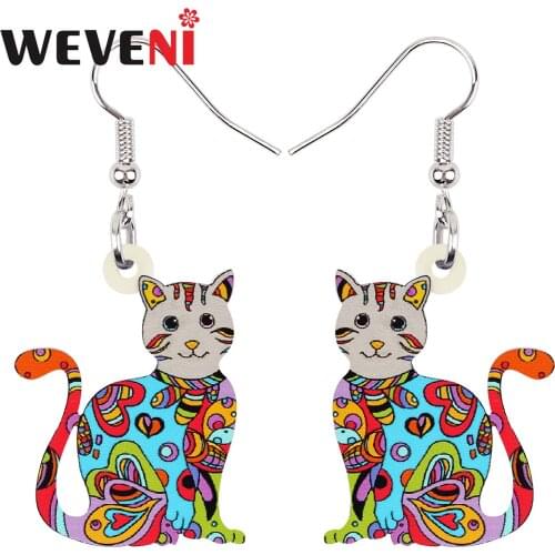 WEVENI Acrylic Sweet Floral Sitting Cat Kitten Kitty Earrings Long Drop Dangle Fashion Pets Gifts Charm Jewelry For Women Girls
