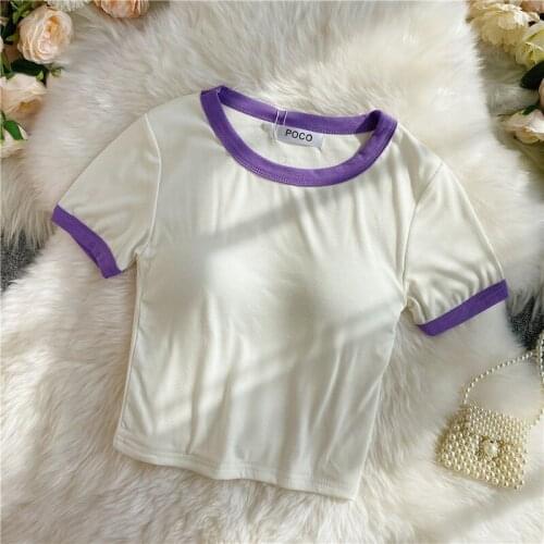 2021 Summer Women Solid O-Neck Short Tops Casual Slim Cotton T Shirt With Chest Pad 8 Colors