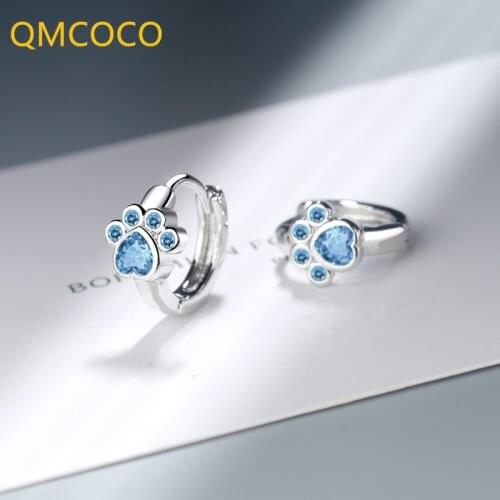 QMCOCO 925 Silver Punk Cute Cat Paw Hoop Earrings Blue Cubic Zircon Earrings For Girls Birthday Party Jewelry Accessories