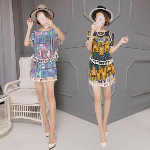 Set female 2019 summer new national wind printing short-sleeved bottoming shirt + wide leg shorts loose large two-piece suit
