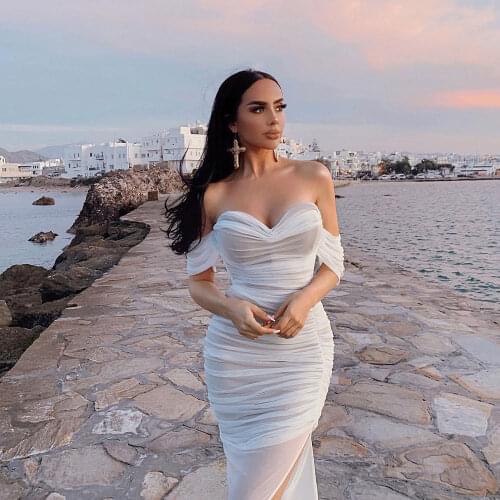 2021 Summer Womens One-line Neck Black Mesh Side Slits Sexy Backless Folds Bodycon Dress Fashion Nightclub Club Party Dresses