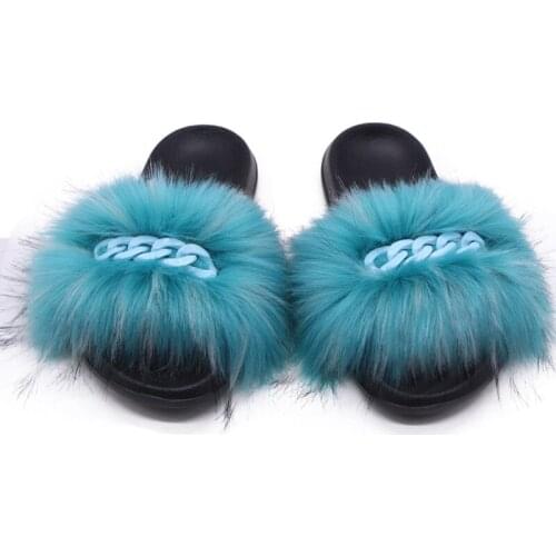 Women faux fox fur slippers furry with multicolored chain 2021 fashion sandals flats fluffy luxurious plus size outdoors casual