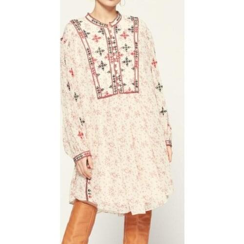 2021 New Women Vintage Floral Embroideried Mini Dress Spring Summer Ladies Long Lantern Sleeve Fashion Loose Short Robe Dresses