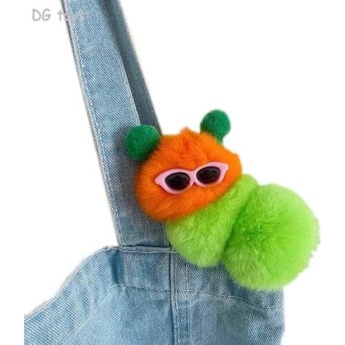 1pc Mini Fluffy Hair Ball Carrot Caterpillar Doll Pendant Swag Orange Green Contrast Color Girl Car Key Ring Decor Accessories