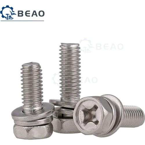 2-20Pcs 304 Stainless Steel Cross Head External Hex Three Combination Screw M3 M4 M5 M6 M8 M10 Six Angle Combined Bolt