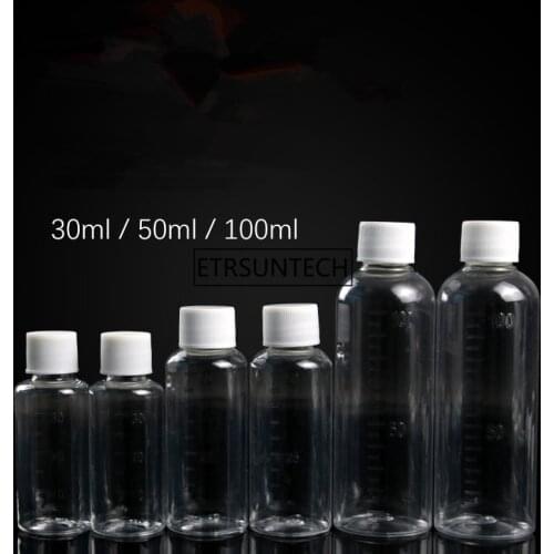 30ml 50ml 100ml Empty plastic liquid bottle Small sample bottles Measuring scale F1981