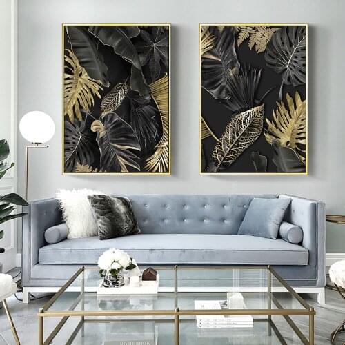Abstract Black And Gold Plant Leaves Canvas Painting Print Poster Minimalist Wall Art Pictures For Living Room Home Decoration
