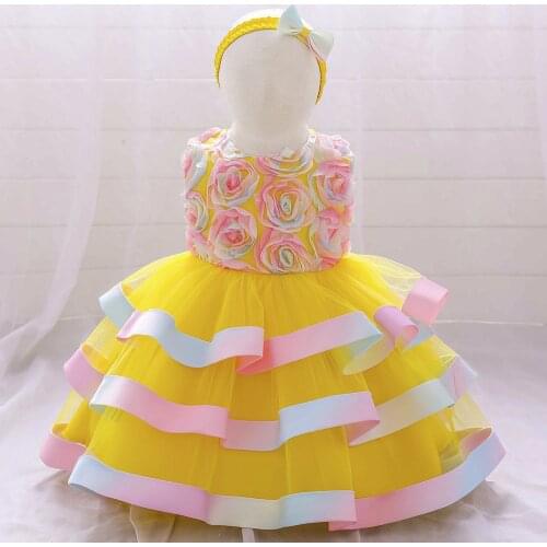 Ball Gown Girl Party Dresses Yellow Tulle Kids Layers Flower Girl Dresses Floral Colorful Princess Dress New Year Birthday Gown