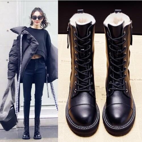 Booties 2020 NEW Fashion Womens Short boots GIRLS Snow Boots PU Leather Side Zip Non-slip Warm Shoes Plush Inner Lace-upBlack
