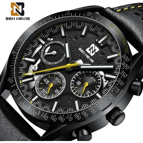 BEN NEVIS Sport Watches 3 Dial Black Top Brand Luxury Chronograph Business Watches Genuine Leather Band Clocks Male