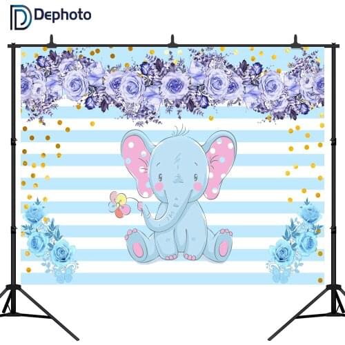 DePhoto Birthday Party Photography Backgrounds Baby Shower Watercolor Blue Flowers Elephant Boy Kids Banner backdrop Photocall