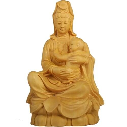 9CM Wood Buddha Cuddle The Baby Guan Yin Statue Wooden Bouddha Carving Craft Sculpture Home Decoration Miniature Decoraction