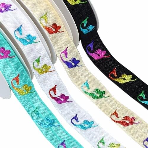 5/8" holographic rainbow laser foil mermaid FOE fold over elastic welcome custom printed