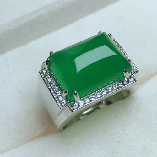 Natural ice green chalcedony mens inlaid S925 ring adjustable