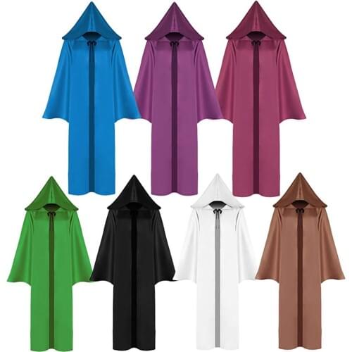 Halloween Wizard Cape Gothic Medieval Costume Witch Death Monk Cosplay Renaissance Long Sleeve Hooded Cloak Robe for Adult Kids