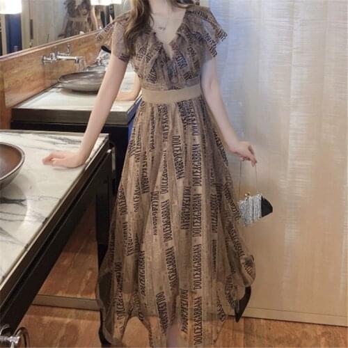 Dresses Women Printing High Waist slim A-Line Summer Elegant Runway Embroidery Lace Party French Chiffon holiday Short sleeve