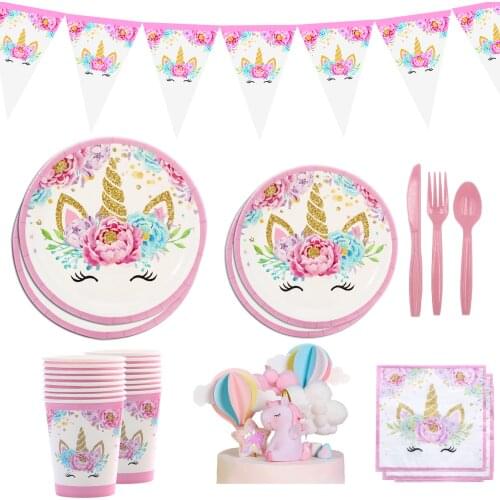 Pink Unicorn Disposable Tableware My little Pony Plate Cup Napkin Unicorinon Happy Unicorn Birthday Party Decor Kids Girl 1st
