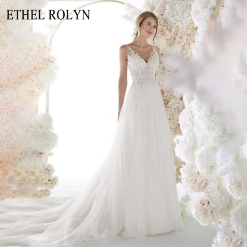 ETHEL ROLYN Sexy V-neckline Backless Wedding Dress 2021 Beading Appliques Bride Dresses Shining Wedding Gowns Vestido De Noiva