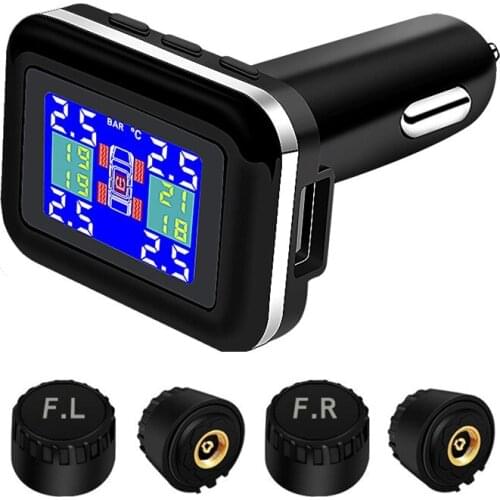 Tire Pressure Monitoring System Cigarette Lighter Plug TPMS LCD Screen Display 4 External Sensors Auto Tyre Alarm