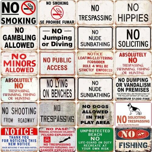 Vintage Metal Poster of No Smoking No Hippies No Jumping or Diving Absolutely No for Tiki Bar Pub Art Wall Decorative Metal Sign