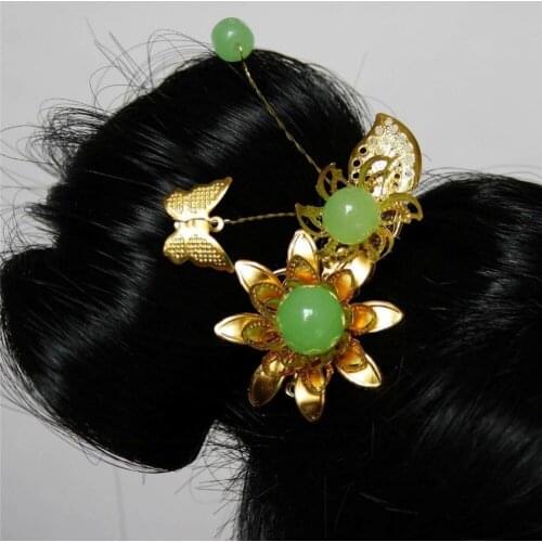 [wamami] 699# Ooak Butterfly&Green Bead Chinese Ancient Hairpin1/3 SD AOD DOD BJD Dollfie