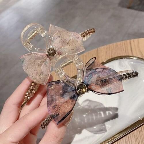 Bow Hair Claw with rhinestone metal Chain leather plastic Shark clip Korean style Womens fashion hairpin for gift party