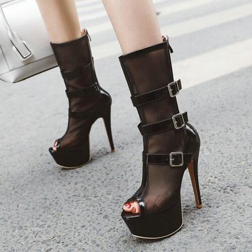 2021 New Summer Women Boots Sexy Thin High Heel Breathable Mesh Boots Fashion Buckle Zipper Peep Toe Womens Shoes