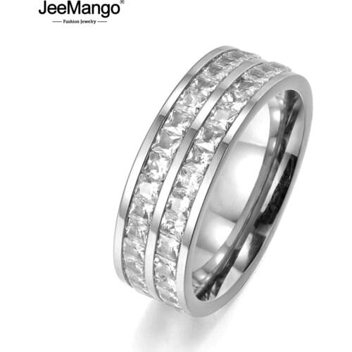 Multilayer Pave Two Row Clear Cubic Zirconia Rose Gold Color Titanium Steel Anniversary Wedding Rings For Women JR17050