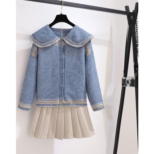 2021 New Autumn Winter Sweet Doll Neck Sweater Cardigan Blue Coat Pleated Skirts Two-Piece Set Women Clothing Outfit Jacket