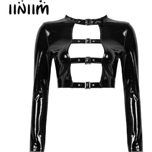 Womens Wetlook Fashion Tops Patent Leather Hollow Out Front with Buckles Gothic Punk Costume Crop Top Pole Dancing Clubwear