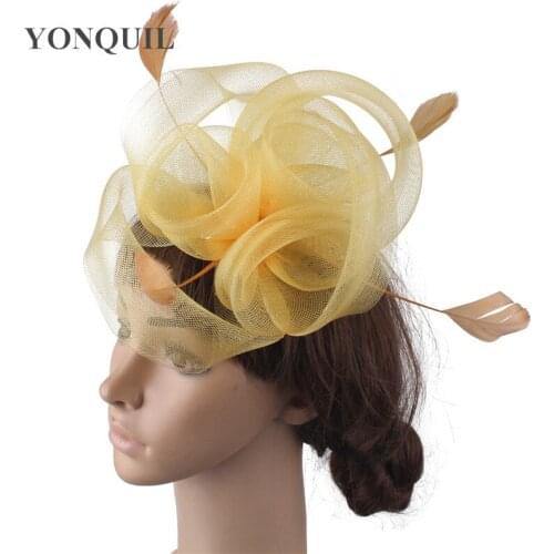 Tulle Wedding Women Headwear Handmade Flower Fascinator Wedding Hat Hair Pin With Fancy Feather Hair Accessories Cocktail Race