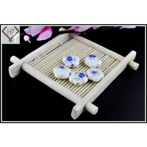 15mm Blue Flower Printing Beads Porcelain/ Ceramics Spacer Loose Beads Fit European Jewelry Braclet Necklace Charms DIY Making