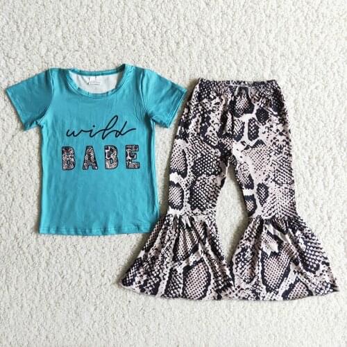 New Fashion Children Kids Girl 2Pcs Summer Outfit Short Sleeve Tops+Snakeskin Pants Set Outfit Kid Girls Clothes RTS