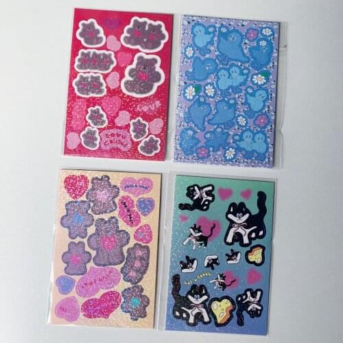 4 Style Korean Shiny Laser Bear Cats Mobile Phone Retro Stickers Scrapbooking Kawaii Stationery Decorative Sticker