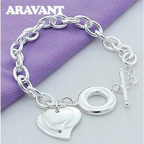 925 Silver Double Heart Charm Bracelet For Women Fashion Jewelry