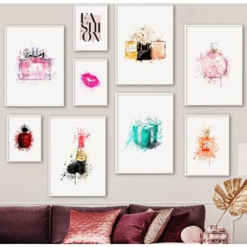 Watercolor Perfume Lip Lipstick Fashion Wall Art Canvas Painting Nordic Posters And Prints Wall Pictures For Living Room Decor