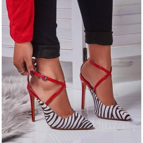 Carpaton Hot Selling Pointed Toe Woman Shoes Zebra Printed Cross-tied Thin Heels Pumps Sexy Ankle Strap Summer Sandal