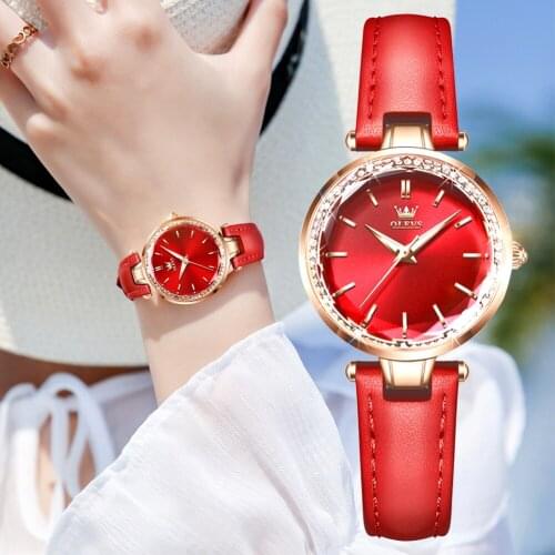 OLEVS Fashion Women Red Leather Quartz Watch Waterproof Ladies Wristwatch Luxury Casual Elegant Female Clock Montre Femme Gifts