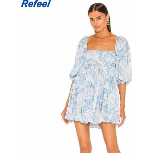 Elegant Women Floral Print Party Dress Sexy Puff Sleeve A-line Mini Square Neck Dress Spring Autumn Short Vestido