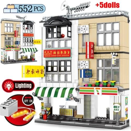 SEMBO LED City Street View Hong Kong Style Shop Figures Bricks Creator DIY House Architecture Building Blocks Toys For Children