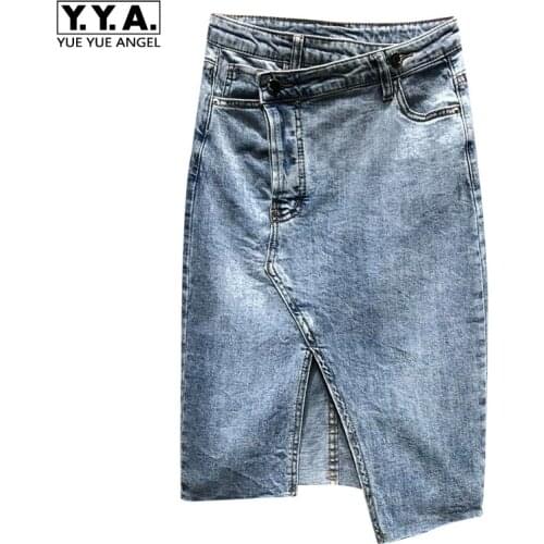 Summer Fashion Denim Wrap Skirt Women Irregular Slim Fit Midi Skirts Casual Streetwear A-line Split Jeans Skirt Jupe Femme