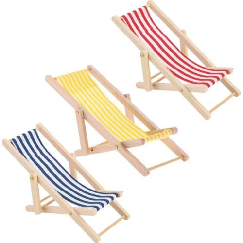 3pcs 1/12 Dolls House Miniature Stripe Wooden Lounge Beach Lawn Chair