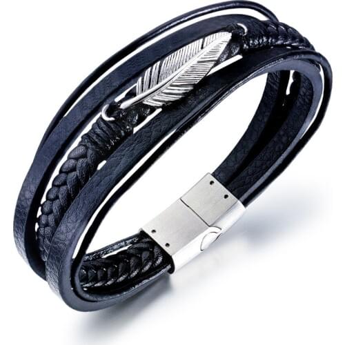 Multi-storey Weaved Leather Feather Bracelets&Bangles For Men woman Black/Steel color Wristband Cuff Jewelry Dropshipping